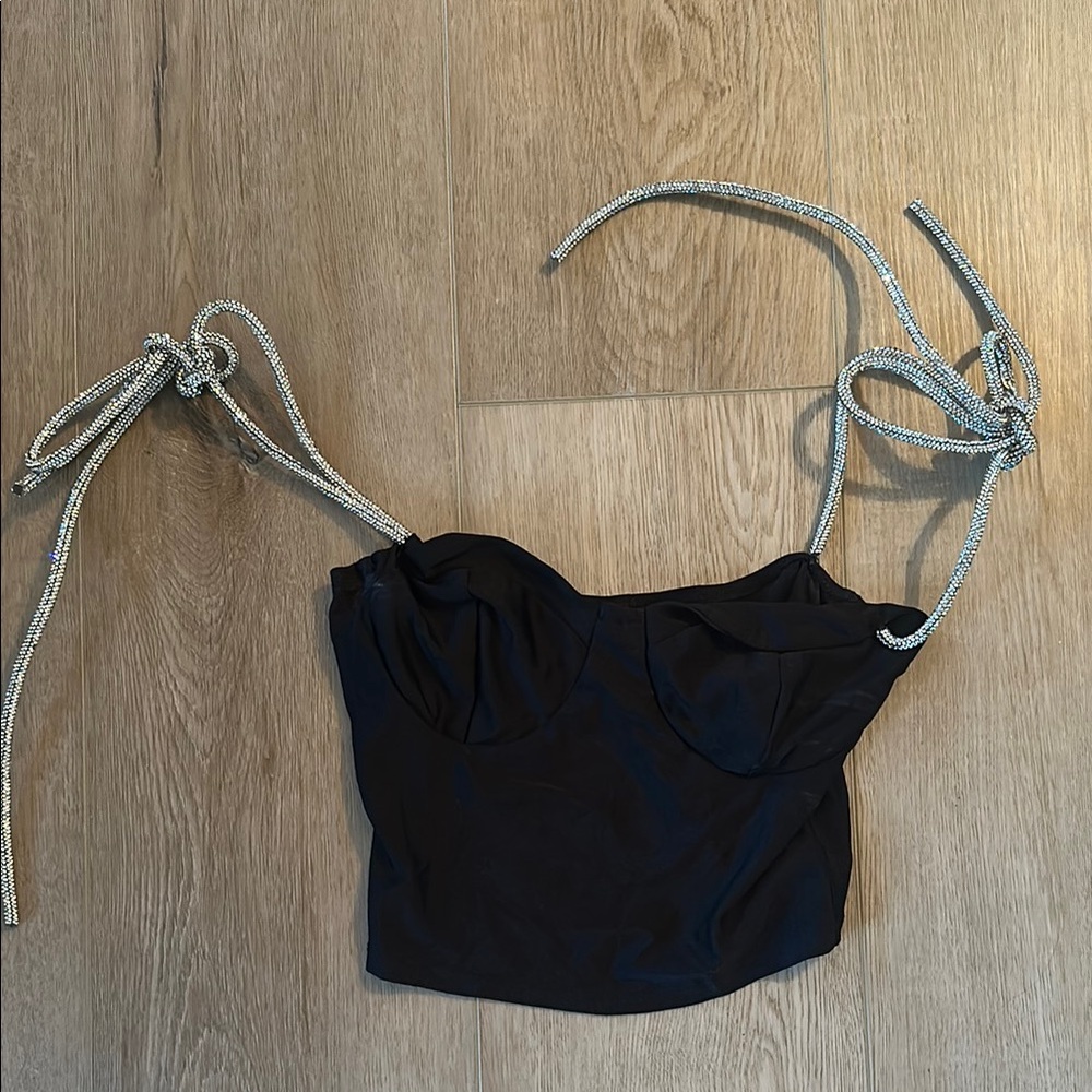 Black Crop Bustier Top with Silver Tie Straps